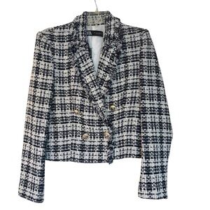 Zara Plaid Cropped Textured Fringe Boucle Tweed Jacket Blazer S Old Money Preppy